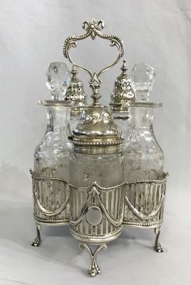Georgian Sterling Silver Cruet Set With Cut & Etched Glass Bottles