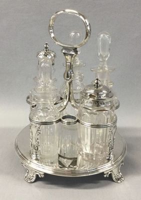 Georgian Sterling Silver and Cut Glass Cruet Set and Stand