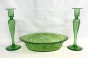 Pairpoint Green Glass Centrepiece Bowl and Candlesticks