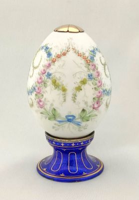 Hand Painted Porcelain Egg On An Enamelled Silver Stand, French, circa 1900