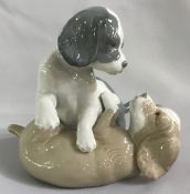 Vintage Porcelain Figurine Of Two Puppies Play Fighting