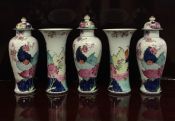 Early 20th Century Tobacco Leaf Pattern Hand Painted Porcelain Five-Piece Garniture