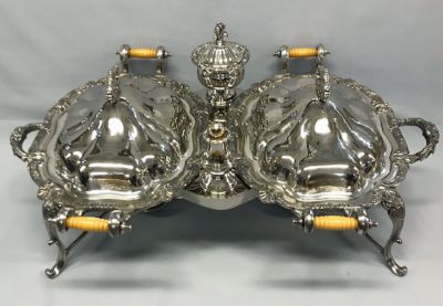 Large Double Silver Plate Entree/Chafing Dish & Frame
