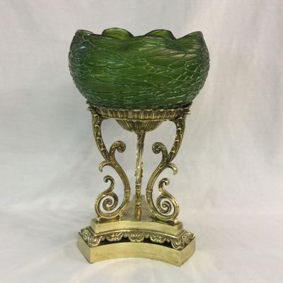 Loetz Art Glass and Brass Pedestal Centrepiece