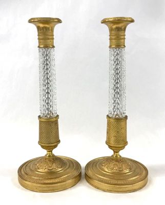 Louis XVI Style Neoclassical Crystal and Bronze Candlesticks