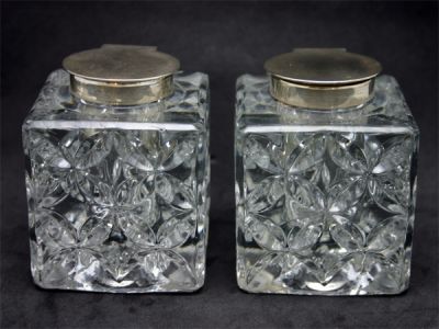 Lovely Pressed Crystal and Sterling Inkwells