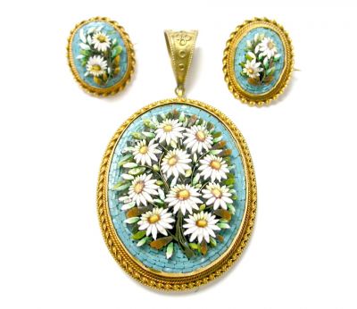 Micro Mosaic Pendant and Pair of Brooches