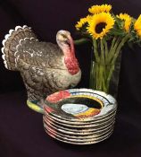 Majolica Thanksgiving Turkey Tureen and Dinner Plate Set