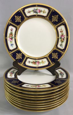 Mintons Hand Enamelled Dinner Plates With Acid Etched Gold
