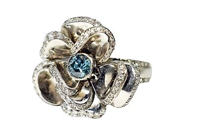Modern Blue Diamond and Diamond Floral En Tremblant Ring