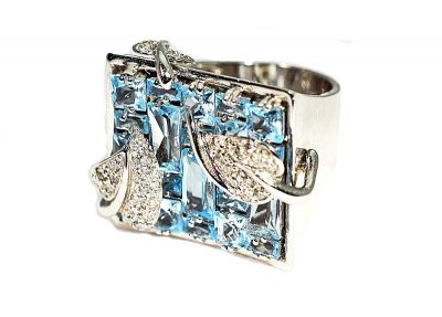 Modern Blue Topaz and Diamond Mosaic Ring