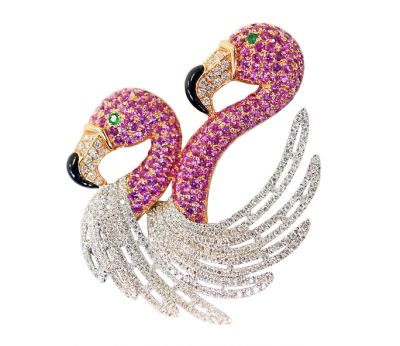 Modern Pink Sapphire Diamond Emerald Onyx Flamingo Pendant/Brooch