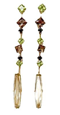 Modern Peridot, Tourmaline, Smoky Quartz And Prasiolite Drop Earrings