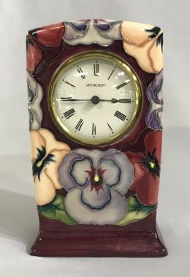 Moorcroft Pottery Mantle Clock In The Pansy Pattern
