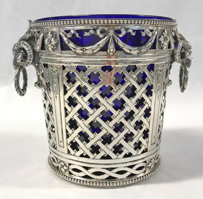 Neoclassical 800 Fine Silver Ice Bucket With Cobalt Blue Glass Liner