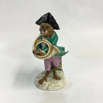 Nineteenth-Century Meissen Style German Porcelain Monkey Band Figure Playing a Hunting Horn