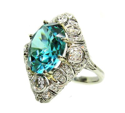 Vintage Natural Blue Zircon and Diamond Ring