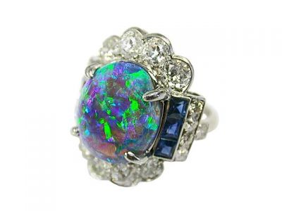 Vintage Opal Diamond and Sapphire Cluster Ring