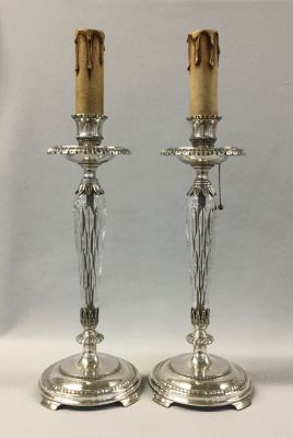 Pairpoint Silver Plate and Crystal Candlestick Lamps, circa 1920s