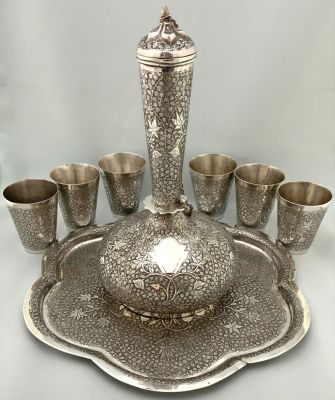 Persian Silver Ewer, Cups and Matching Tray, Iran, Early 20th century