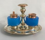 Sheffield Plate With Opaline Glass Inkwell, Stand & Pounce Pot
