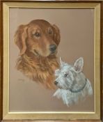 Signed Pastel Portrait of Two Dogs, Stella Grier 1968