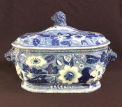 Staffordshire Blue & White Transfer Ware Botanical Pattern 2 Piece Soup Tureen