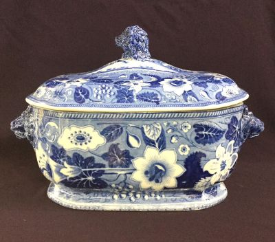 Staffordshire Blue & White Transfer Ware Botanical Pattern 2 Piece Soup Tureen