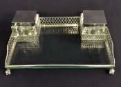 Sterling Silver & Glass Double Inkwell & Stand