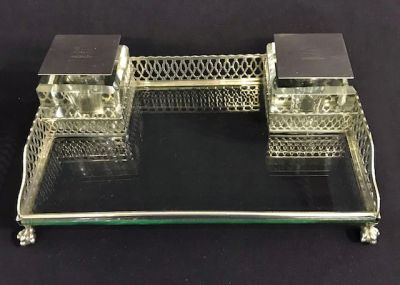 Sterling Silver & Glass Double Inkwell & Stand