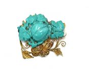 Vintage Carved Turquoise Filigree Floral Brooch