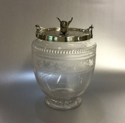 Victorian English Cut & Etched Glass Biscuit Barrel