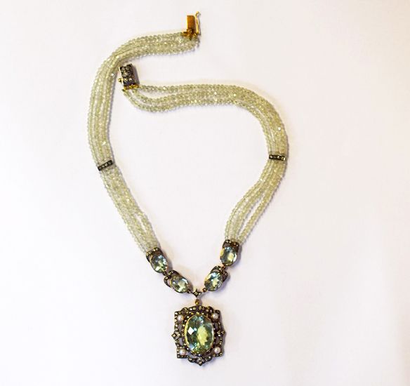 Victorian Style Prasiolite Diamond Pearl Necklace