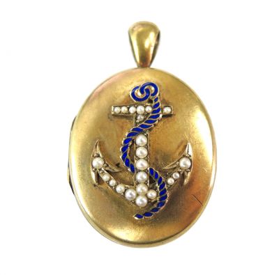 Victorian Seed Pearl Enamel Anchor Locket 