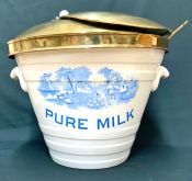 Victorian Ironstone Milk Pail With Brass Hinged Cover and Ladle