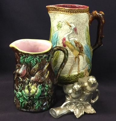 Victorian Majolica Jugs with Figural Bird Salt and Pepper Shakers