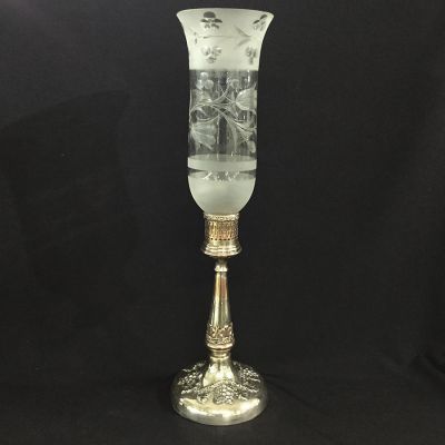 Victorian Sheffield Plate Candlestick with Glass Hurricane Shade