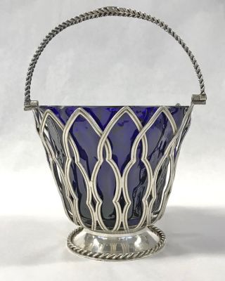 Victorian Silver Plate And Cobalt Blue Glass Lined Sweetmeats Basket