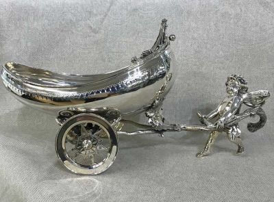 Victorian Silver Plate Centrepiece of a Pixie Hauling a Two-Wheel Cart