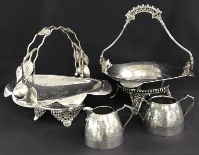 Victorian Silver Plate Hollowware Cake Baskets & Cream & Sugar 