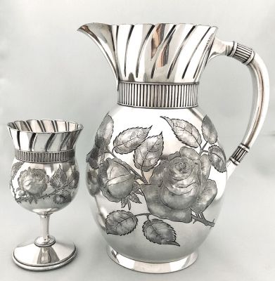 Victorian Silver Plate Water Pitcher and Matched Goblet