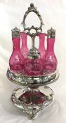 Victorian Silver Plate & Cranberry 5 Bottle Cruet Set