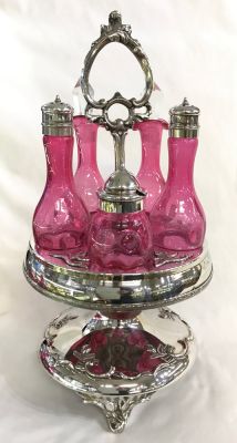 Victorian Silver Plate & Cranberry 5 Bottle Cruet Set