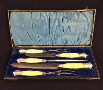 Victorian Silver Plate and Carved Ivory Handled 5 Piece Carving Set
