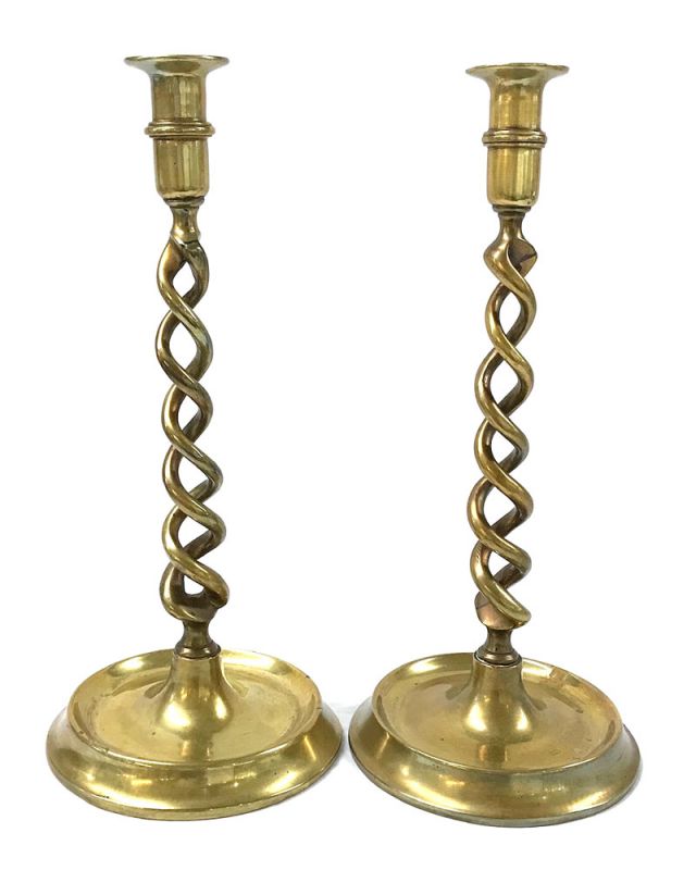 Victorian Solid Brass Barley Twist Candlesticks, Circa 1880-1900