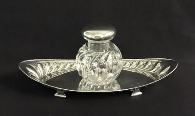 Victorian Sterling Silver & Crystal Inkwell & Stand