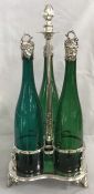 Victorian Three Bottle Tantalus With Green Glass Decanters