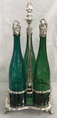 Victorian Three Bottle Tantalus With Green Glass Decanters