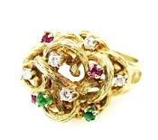 Vintage Diamond Ruby Emerald Organic Cluster Ring