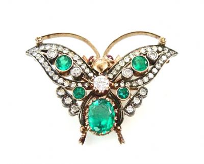 Vintage Emerald Ruby Diamond Butterfly Brooch